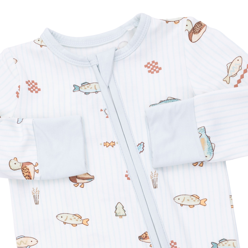 A baby long-sleeve sleep sack with a light blue and white stripe pattern, featuring a playful print of fish, ducks, and small brown accents, shown on a clean white background.