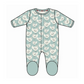 A baby footed one-piece sleeper with a light blue and white cartoon bear pattern, featuring a snap button front and solid light blue toe caps.