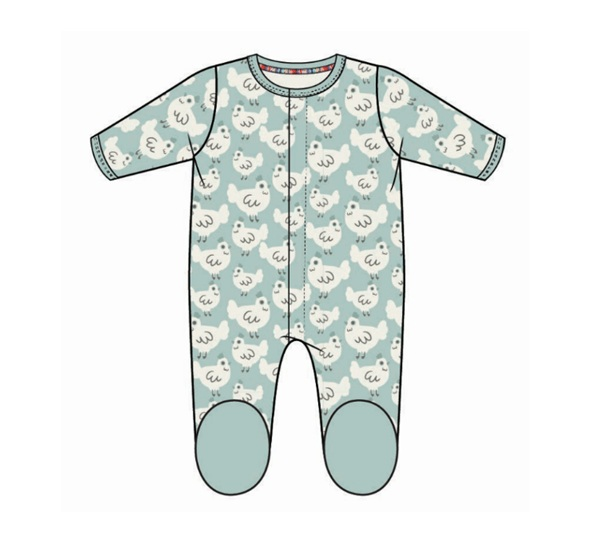 A baby footed one-piece sleeper with a light blue and white cartoon bear pattern, featuring a snap button front and solid light blue toe caps.