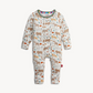 A baby long-sleeve footless one-piece jumpsuit with an all-over woodland animal print, featuring a white background with illustrations of deer, rabbits, foxes, and mushrooms. It has a colorful striped inner collar and a small red brand tag on the leg.