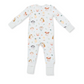A baby long-sleeve footed sleeper in white with a colorful woodland animal print, shown flat on a white background.