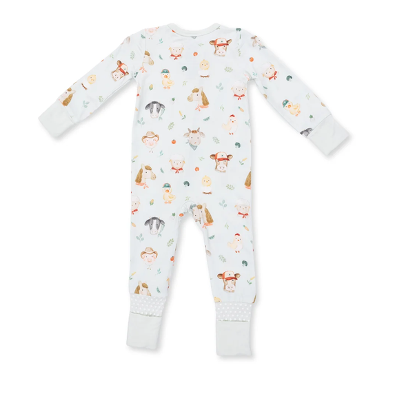 A baby long-sleeve footed sleeper in white with a colorful woodland animal print, shown flat on a white background.