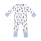 A baby long-sleeve footless one-piece jumpsuit in white, featuring an all-over print of cowboy boots in blue, brown, and white. The cuffs and leg cuffs are light blue, and the leg cuffs feature a polka dot pattern.