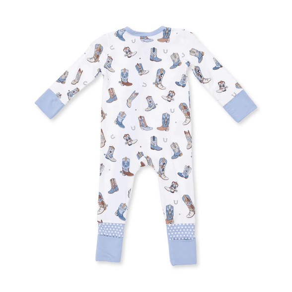 A baby long-sleeve footless one-piece jumpsuit in white, featuring an all-over print of cowboy boots in blue, brown, and white. The cuffs and leg cuffs are light blue, and the leg cuffs feature a polka dot pattern.