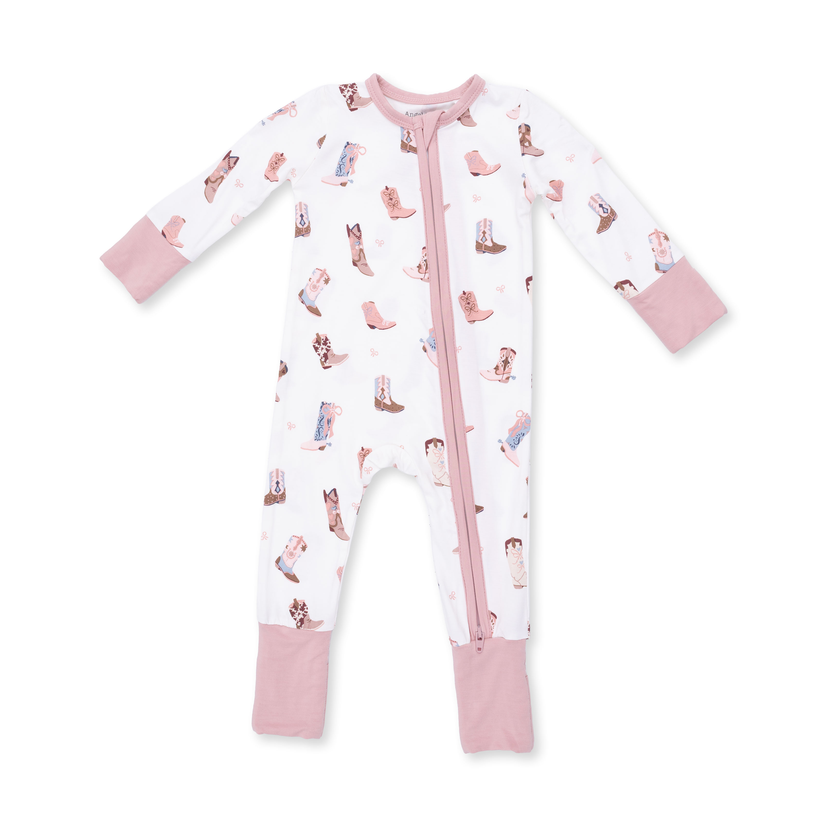 Baby onesie with animal print and pink accents on a white background