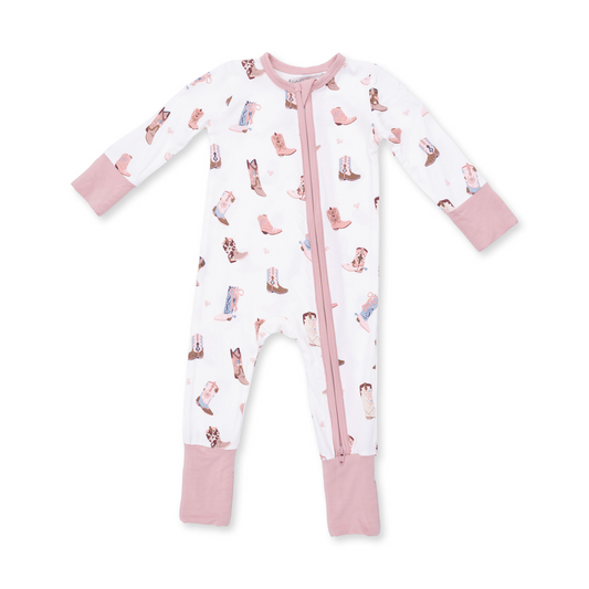 Baby onesie with animal print and pink accents on a white background