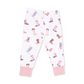 White children's leggings with an all-over cowboy boots print in pink, brown, and blue, featuring solid pink ribbed ankle cuffs.