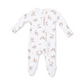 A white long-sleeve footed sleeper with an all-over print of small brown and tan dogs, shown on a plain white background.