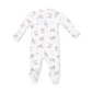 A white long-sleeve baby footed sleeper with an all-over print of brown and beige cartoon dogs, shown flat on a white background.