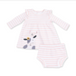 Baby girl's two-piece clothing set featuring a long-sleeve dress and matching shorts. The set has a light pink and white horizontal stripe pattern, with a cute cartoon cow and sheep graphic on the front of the dress.