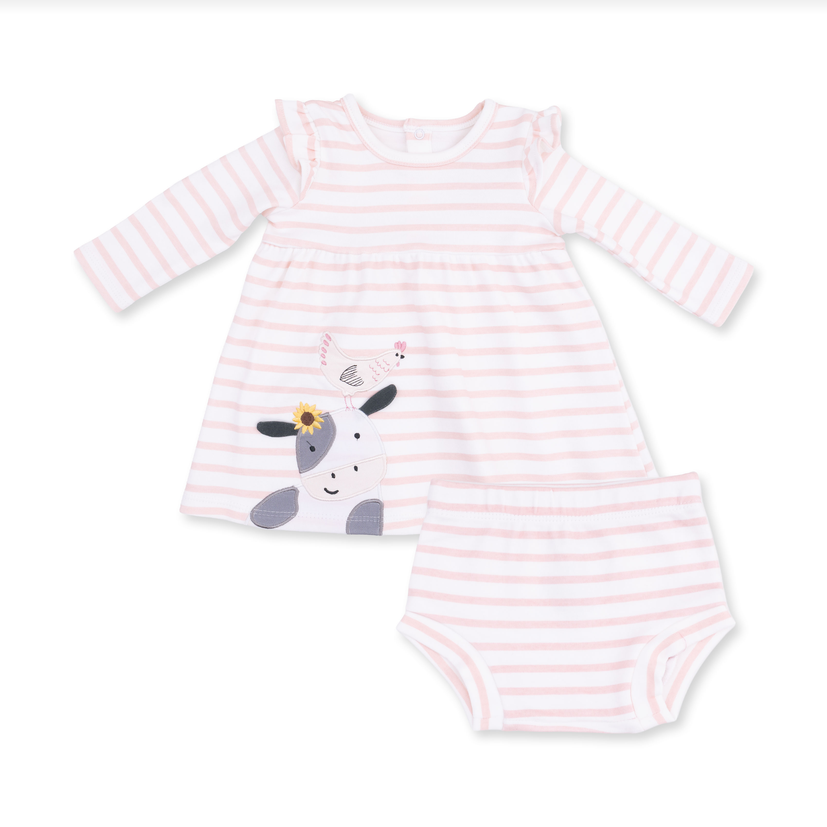 Baby girl's two-piece clothing set featuring a long-sleeve dress and matching shorts. The set has a light pink and white horizontal stripe pattern, with a cute cartoon cow and sheep graphic on the front of the dress.