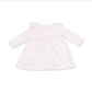 A long-sleeve baby dress with horizontal light pink and white stripes, featuring ruffled shoulder details and a gathered waist, shown against a plain white background.