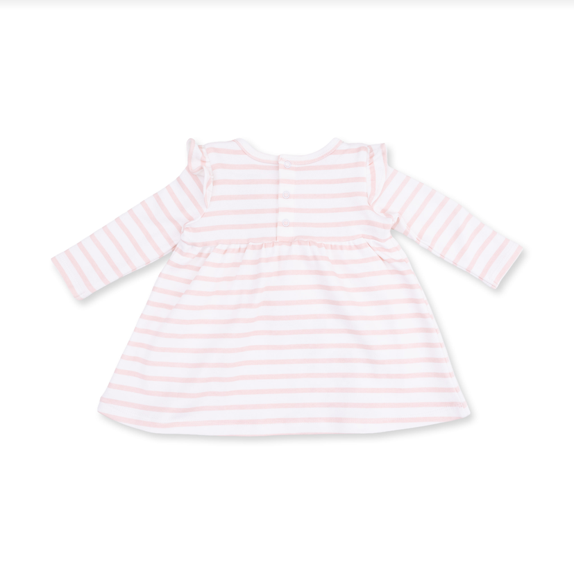 A long-sleeve baby dress with horizontal light pink and white stripes, featuring ruffled shoulder details and a gathered waist, shown against a plain white background.