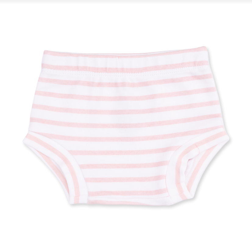 Pink and white striped baby boyshorts underwear, shown flat against a solid white background.