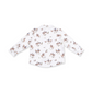 A white long-sleeve button-up shirt for toddlers, featuring a repeating cowboy and rider pattern in brown, beige, and blue, laid flat against a white background.