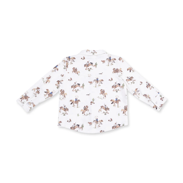 A white long-sleeve button-up shirt for toddlers, featuring a repeating cowboy and rider pattern in brown, beige, and blue, laid flat against a white background.