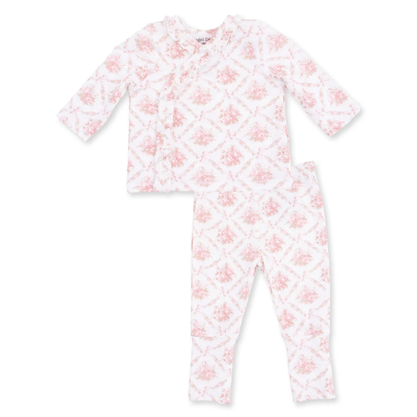 A baby two-piece pajama set featuring a long-sleeve top and matching pants in white with a light pink trellis pattern and small floral motifs.
