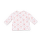 A long-sleeve baby top in white with a light pink floral and diamond pattern, laid flat against a white background.