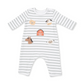 A baby long-sleeve romper with gray and white horizontal stripes, decorated with cute cartoon farm animal illustrations including a horse, cow, sheep, goat, and barn.
