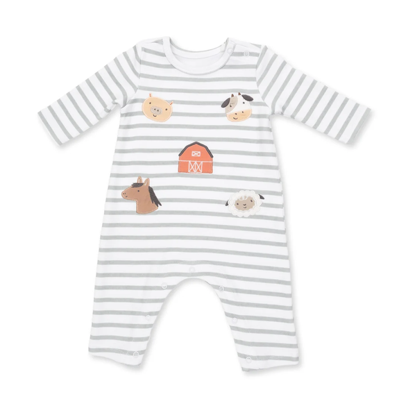 A baby long-sleeve romper with gray and white horizontal stripes, decorated with cute cartoon farm animal illustrations including a horse, cow, sheep, goat, and barn.