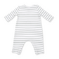 A long-sleeve baby romper with horizontal gray and white stripes, laid flat on a white background.