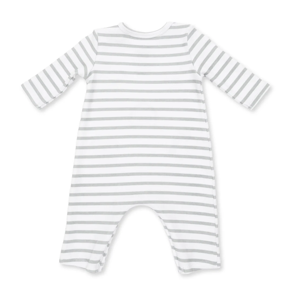 A long-sleeve baby romper with horizontal gray and white stripes, laid flat on a white background.