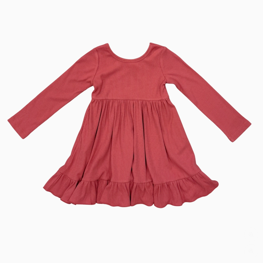A dusty rose long-sleeve baby dress with a gathered waist and ruffled hem, laid flat on a white background.