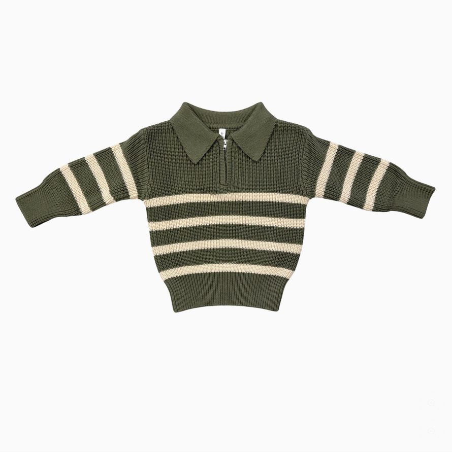 A ribbed knit children's sweater with a half-zip polo collar, featuring horizontal cream stripes on an olive green base, displayed flat against a light gray background.