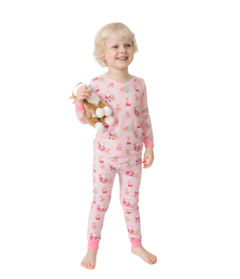 Long Sleeve Lounge Set // Pink Vintage Reindeer & Santa