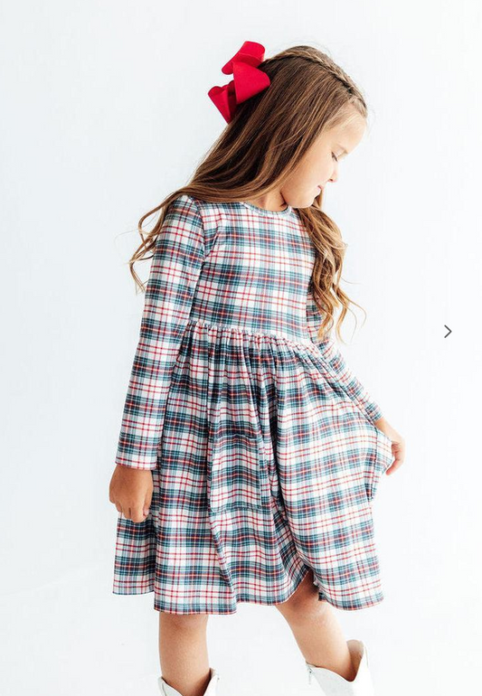 Christmas Plaid L/S Ruffle Twirl Dress