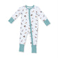 A baby long-sleeve footed sleeper with a white body covered in a colorful duck print, featuring mint green cuffs and a mint green zipper.
