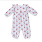 A baby long-sleeve footless one-piece romper with ruffled shoulder edges, featuring a white base with vertical blue stripes and a red and white floral pattern.