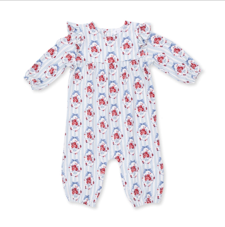 A baby long-sleeve footless one-piece romper with ruffled shoulder edges, featuring a white base with vertical blue stripes and a red and white floral pattern.