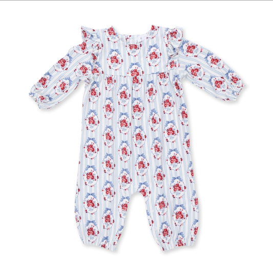 A baby long-sleeve footless one-piece romper with ruffled shoulder edges, featuring a white base with vertical blue stripes and a red and white floral pattern.