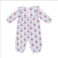 A baby long-sleeve footless romper with a red and white floral print over a light blue and white striped background, shown flat on a white background.