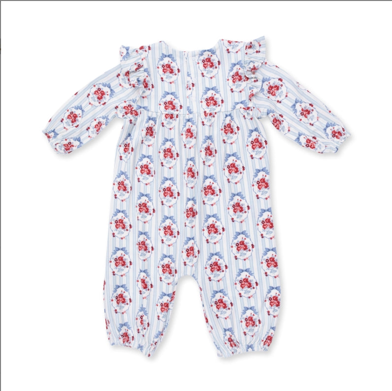 A baby long-sleeve footless romper with a red and white floral print over a light blue and white striped background, shown flat on a white background.