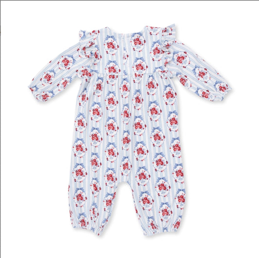 A baby long-sleeve footless romper with a red and white floral print over a light blue and white striped background, shown flat on a white background.