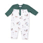 A baby long-sleeve romper with a white body covered in a hunting dog print, and dark green sleeves and a matching green Henley-style collar.