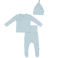 A three-piece baby clothing set in a soft light blue color, including a long-sleeve wrap top, footed pants, and a knotted beanie hat, laid out on a plain white background.