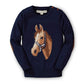 A navy blue knit sweater featuring a large embroidered brown horse head on the front, with brown elbow patches and a visible Horses & Harness brand label at the collar.