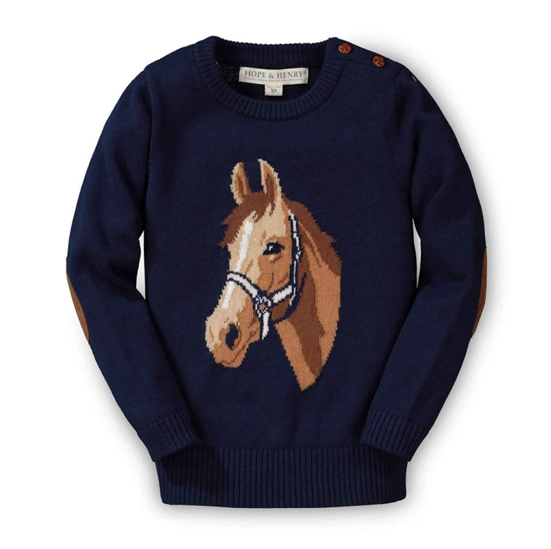 A navy blue knit sweater featuring a large embroidered brown horse head on the front, with brown elbow patches and a visible Horses & Harness brand label at the collar.