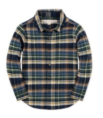 A long-sleeve button-up plaid shirt in navy blue, green, beige, and white, shown flat against a white background.