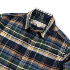 A close-up of a plaid button-down shirt collar and upper chest area. The fabric pattern features navy blue, green, yellow, and white intersecting plaid lines.