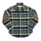 A long-sleeve plaid button-up shirt with brown elbow patches, featuring a blue, green, and beige plaid pattern.