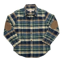 A long-sleeve plaid button-up shirt with brown elbow patches, featuring a blue, green, and beige plaid pattern.