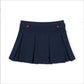 A dark navy blue pleated mini skirt with a wide waistband and two decorative brown buttons, shown flat against a white background.