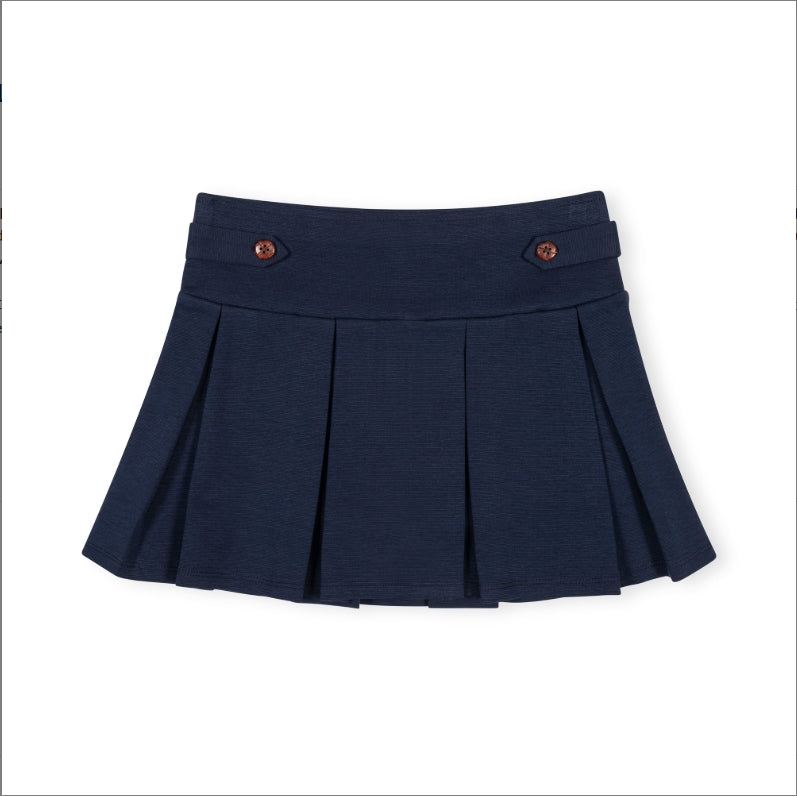 A dark navy blue pleated mini skirt with a wide waistband and two decorative brown buttons, shown flat against a white background.