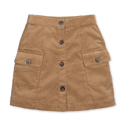 A tan corduroy mini skirt with a button-up front and two large front flap pockets, shown flat on a white background.