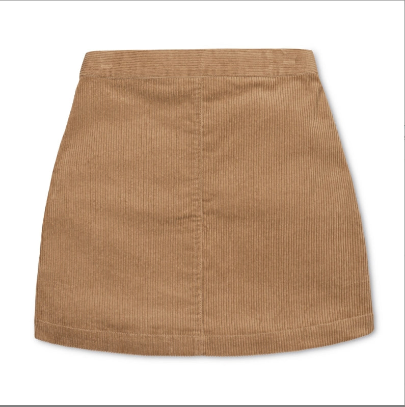 A tan corduroy mini skirt shown from the back, featuring a central seam and a pleated waistband, laid flat against a white background.
