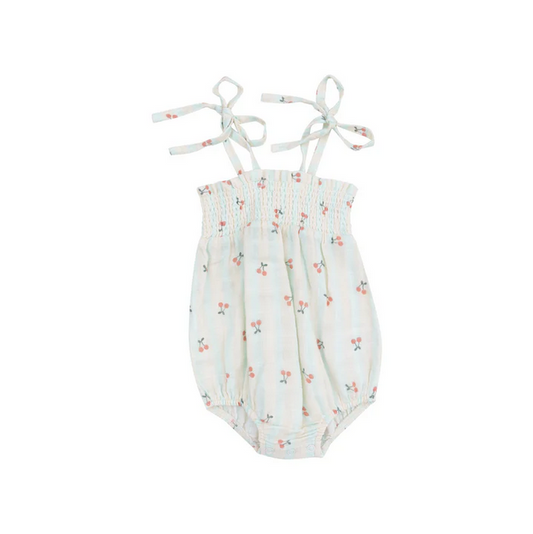 Tie Strap Smocked Bubble // Cherry Stripe
